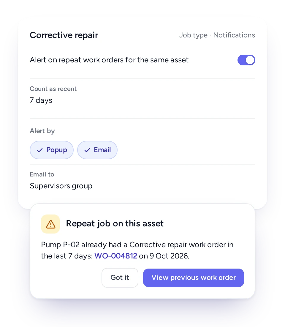 FieldEx warning that a new job repeats recent work on the same asset