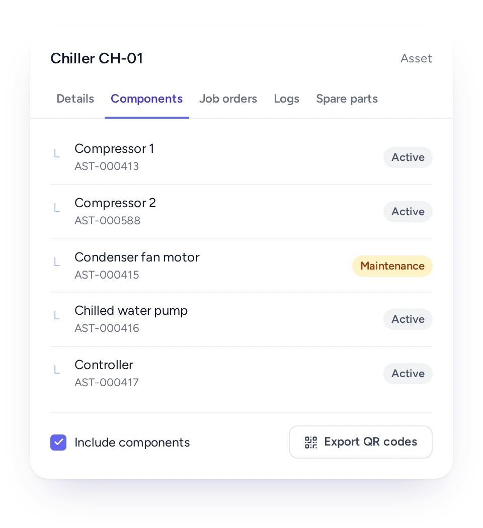 A main asset with its components listed in FieldEx