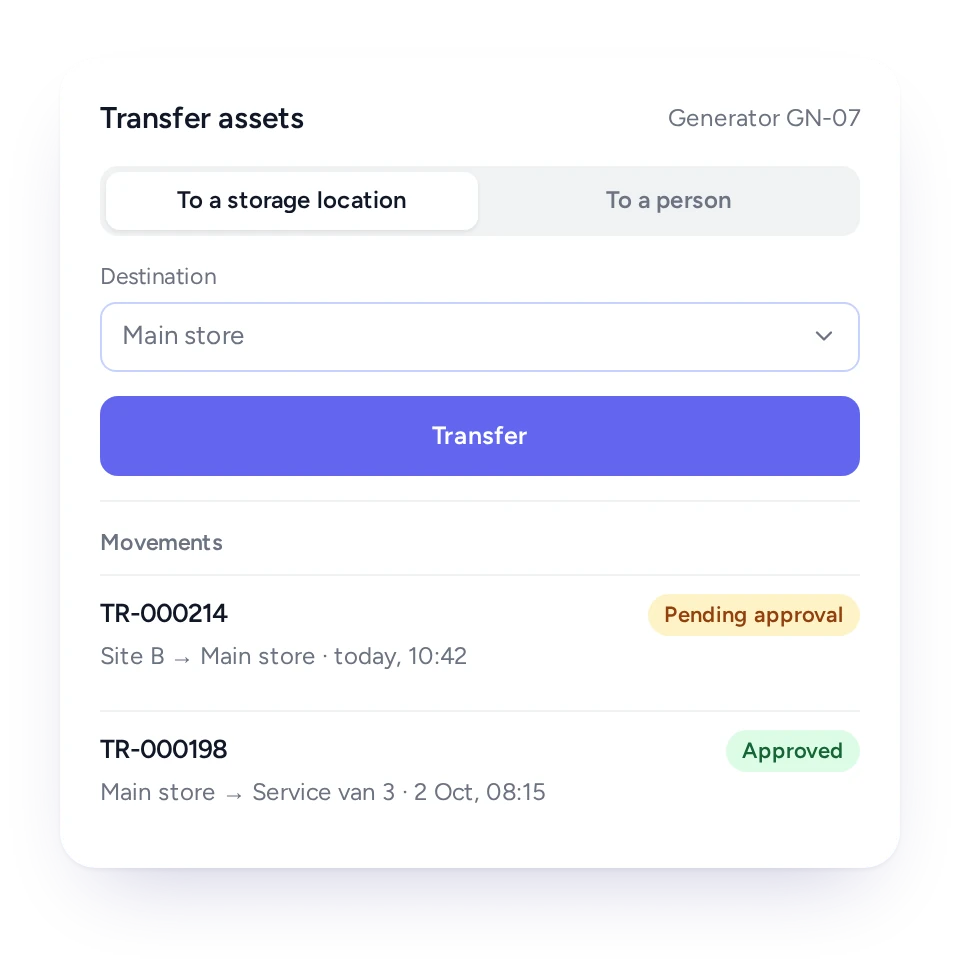 Asset transfer to a storage location in FieldEx