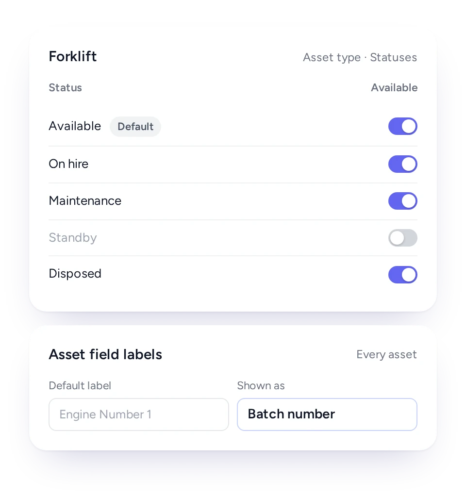 Asset types and their statuses in FieldEx