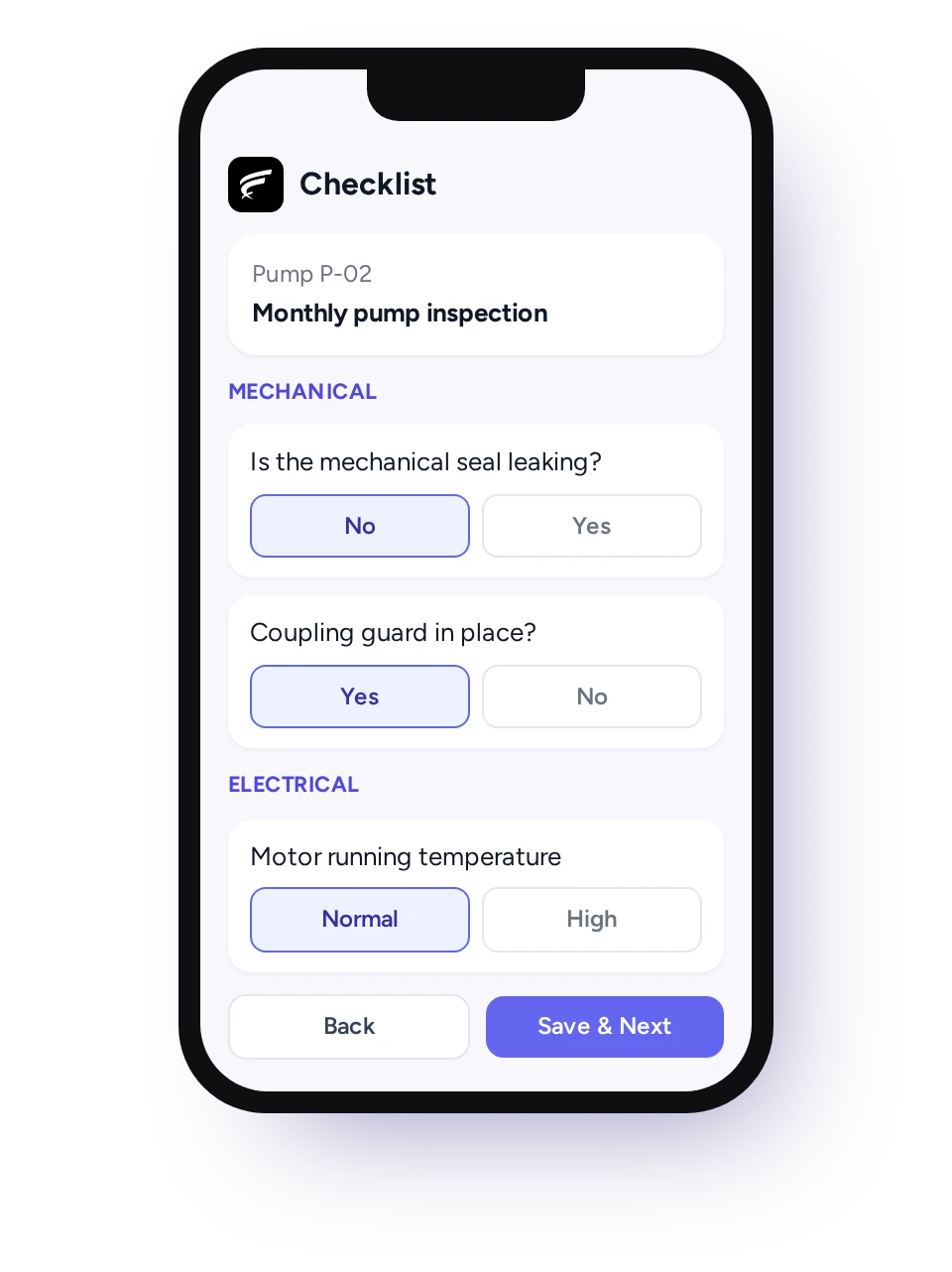 Digital inspection checklist on the FieldEx app.