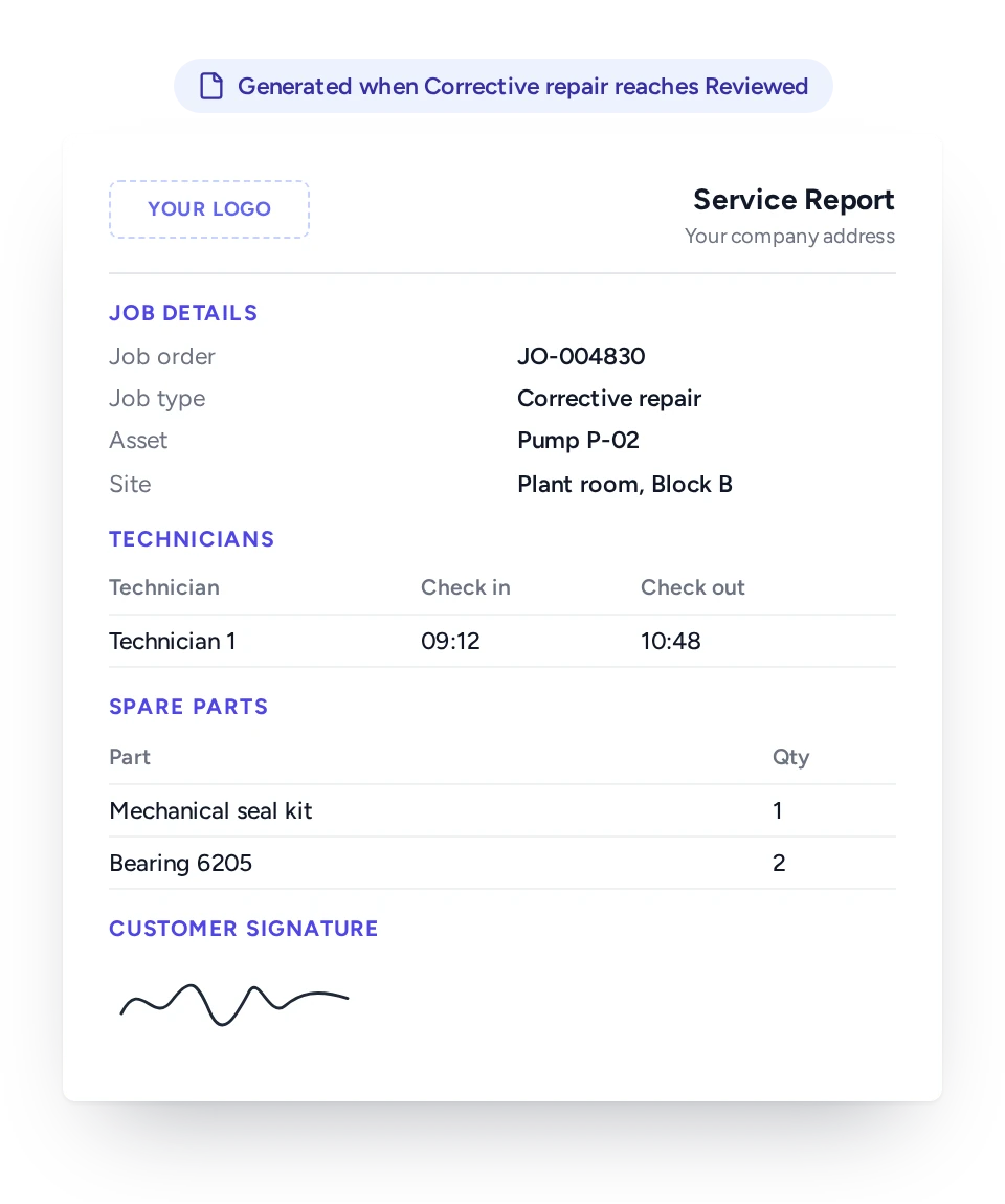 Branded service report generated by FieldEx.