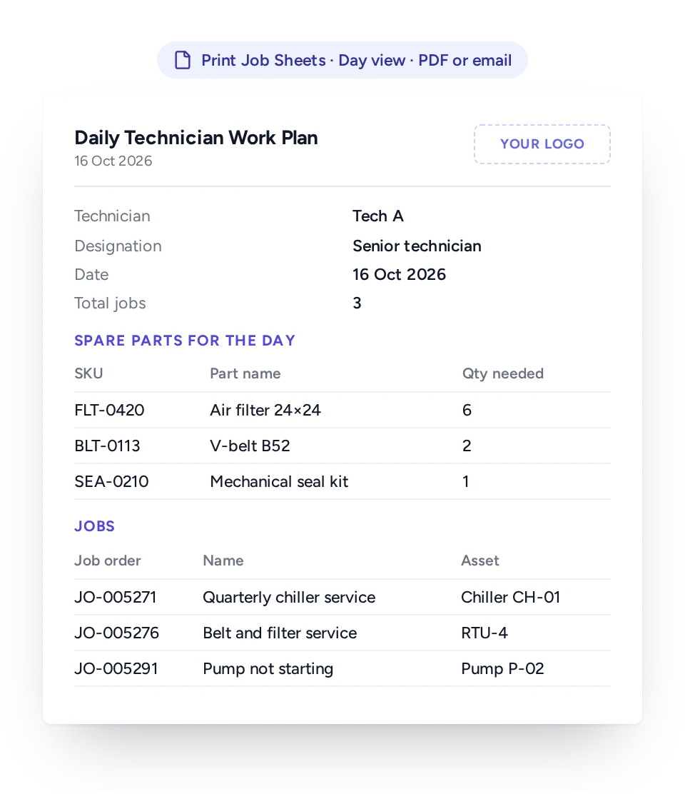 Daily job sheet listing a technician’s jobs and parts for the day