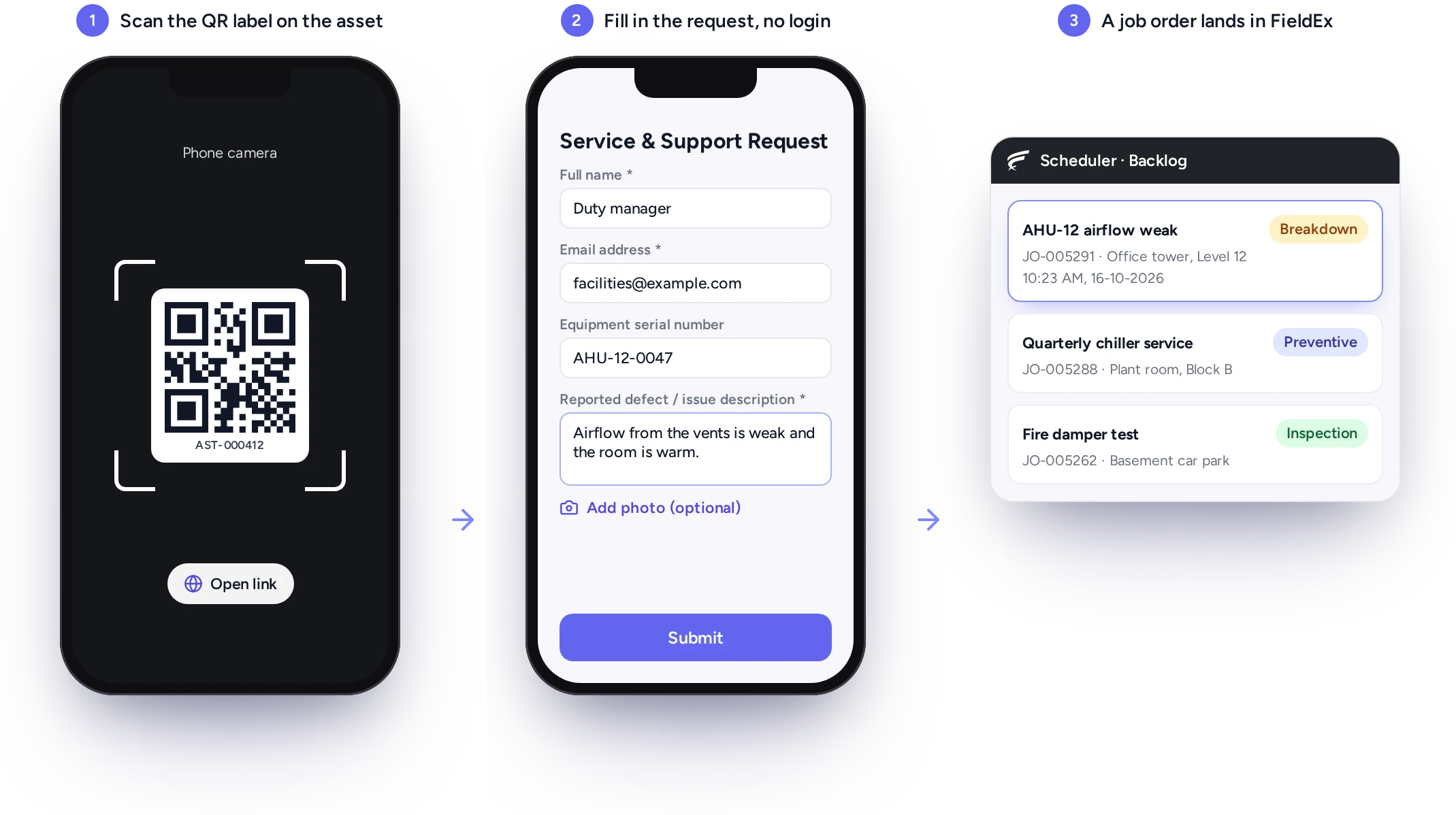 FieldEx customer portal with a client's jobs and requests