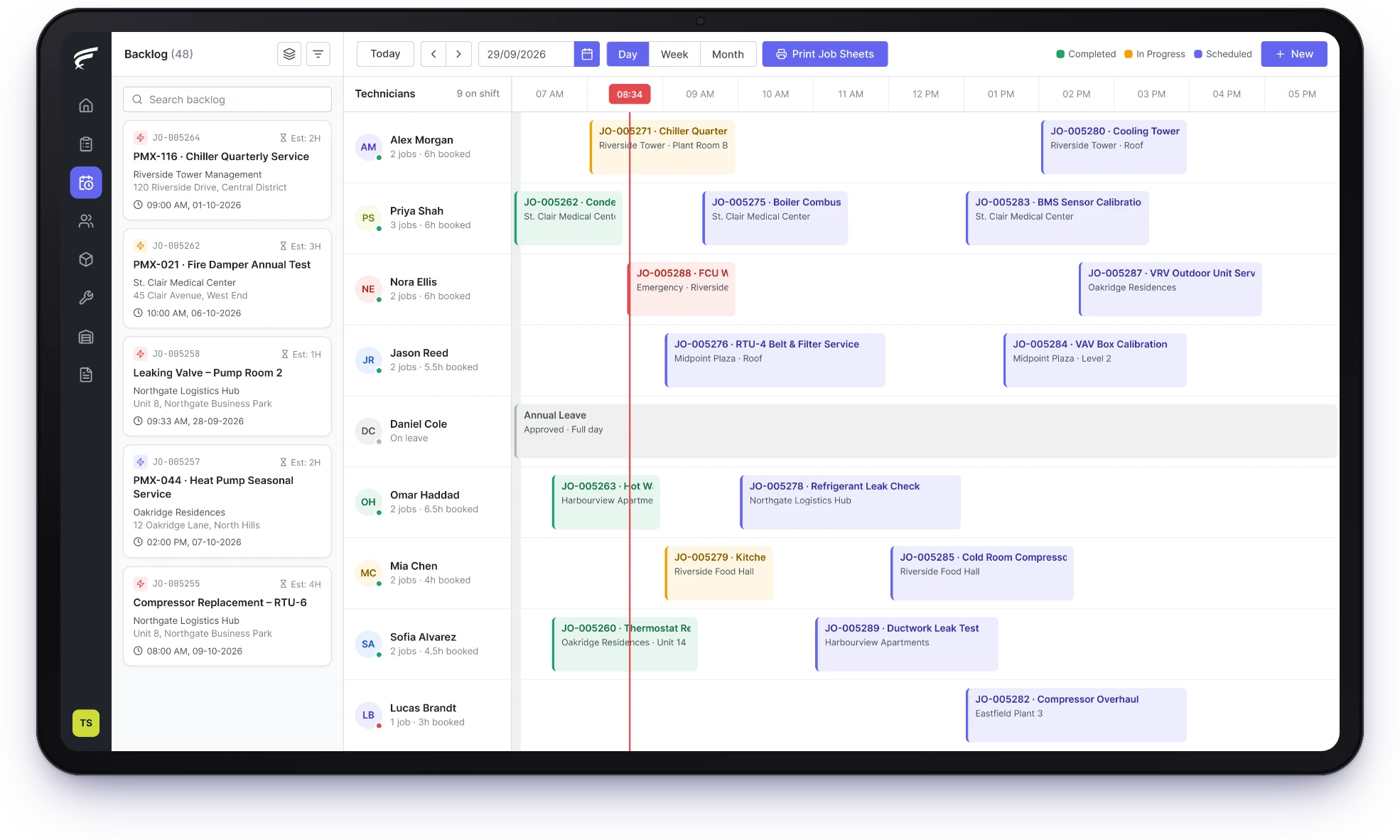FieldEx scheduling board with waiting jobs beside each technician's day