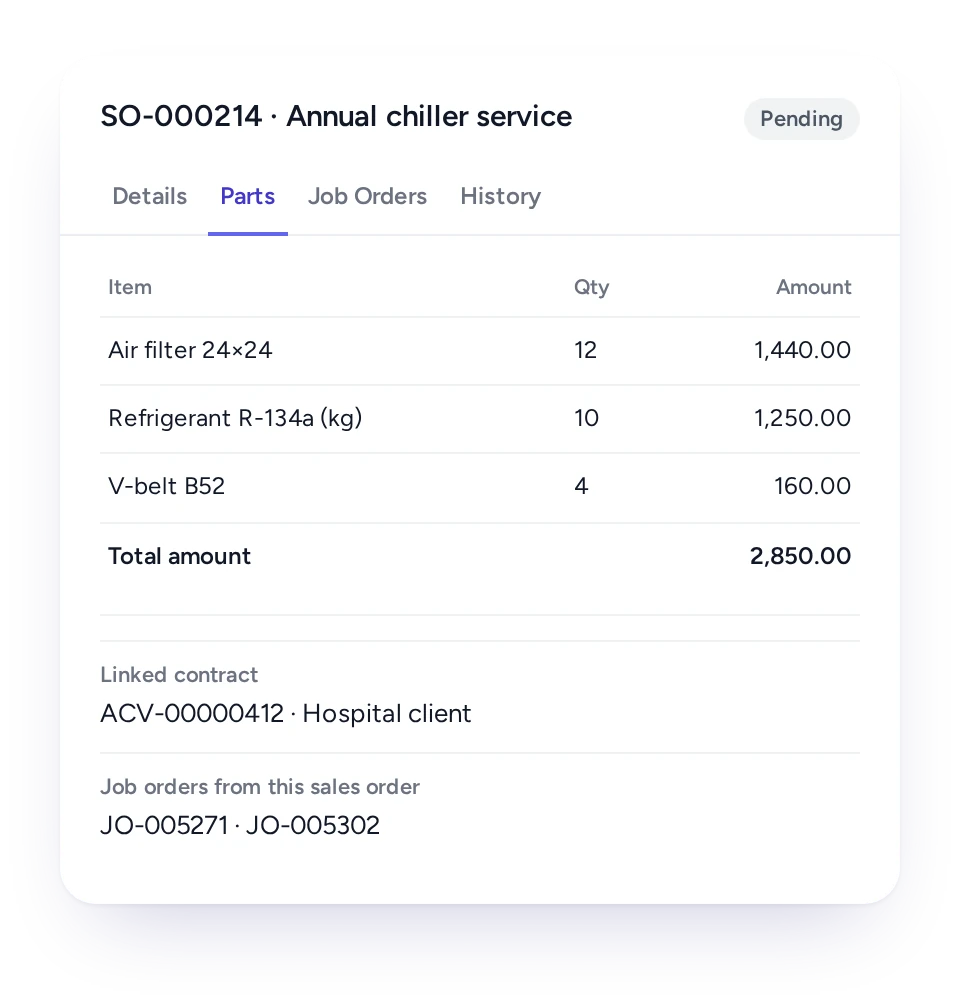 Sales order linked to a contract in FieldEx