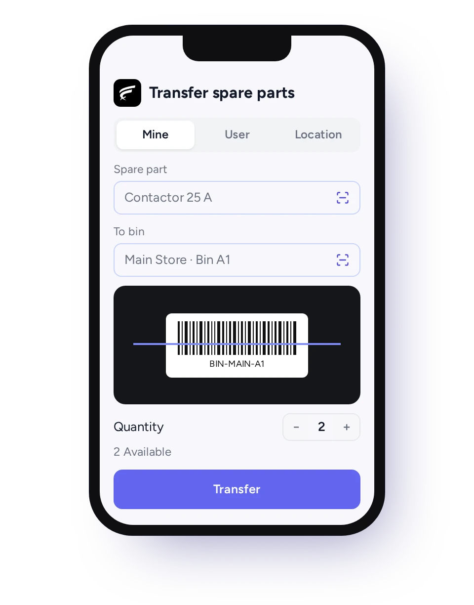Technician scanning a storage location barcode in the FieldEx app