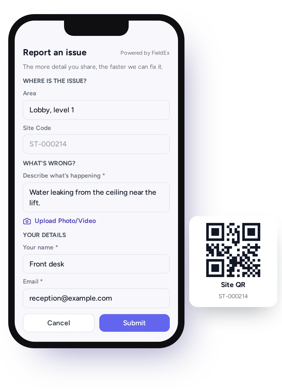 Site QR code for fault reporting with FieldEx
