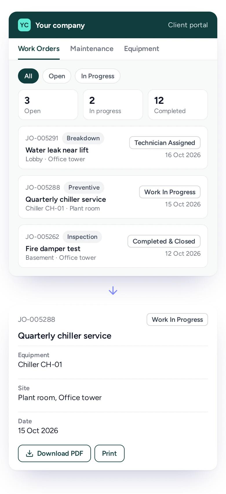 Job status shown to a client in the FieldEx portal
