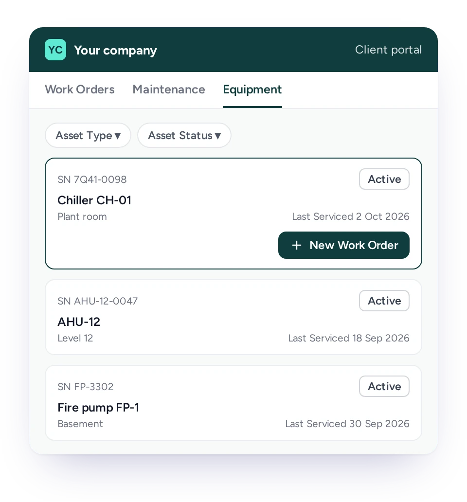 Client equipment list with last serviced dates in FieldEx