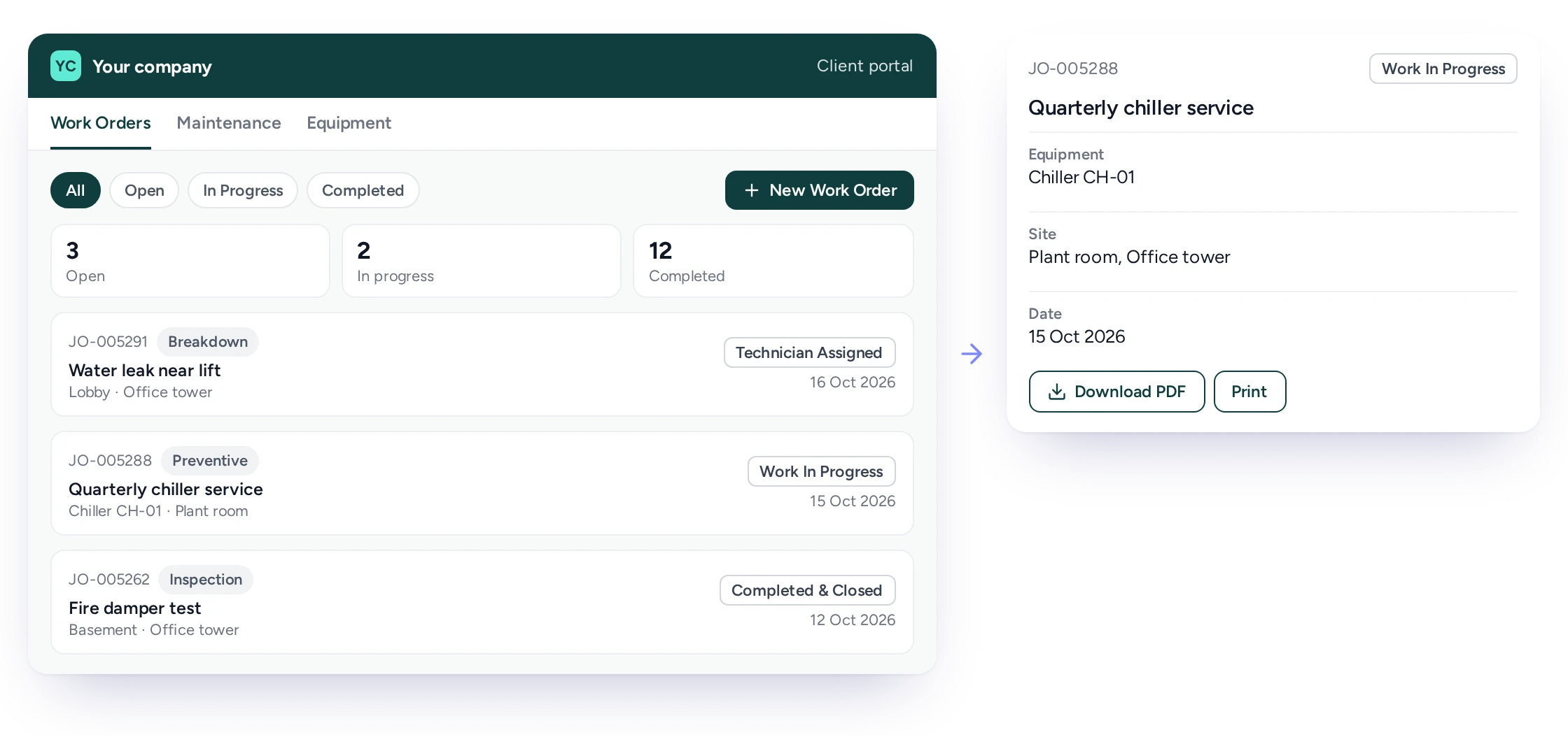 Job status shown to a client in the FieldEx portal