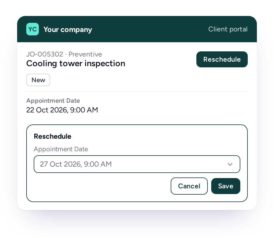 Client rescheduling an open job in the FieldEx portal