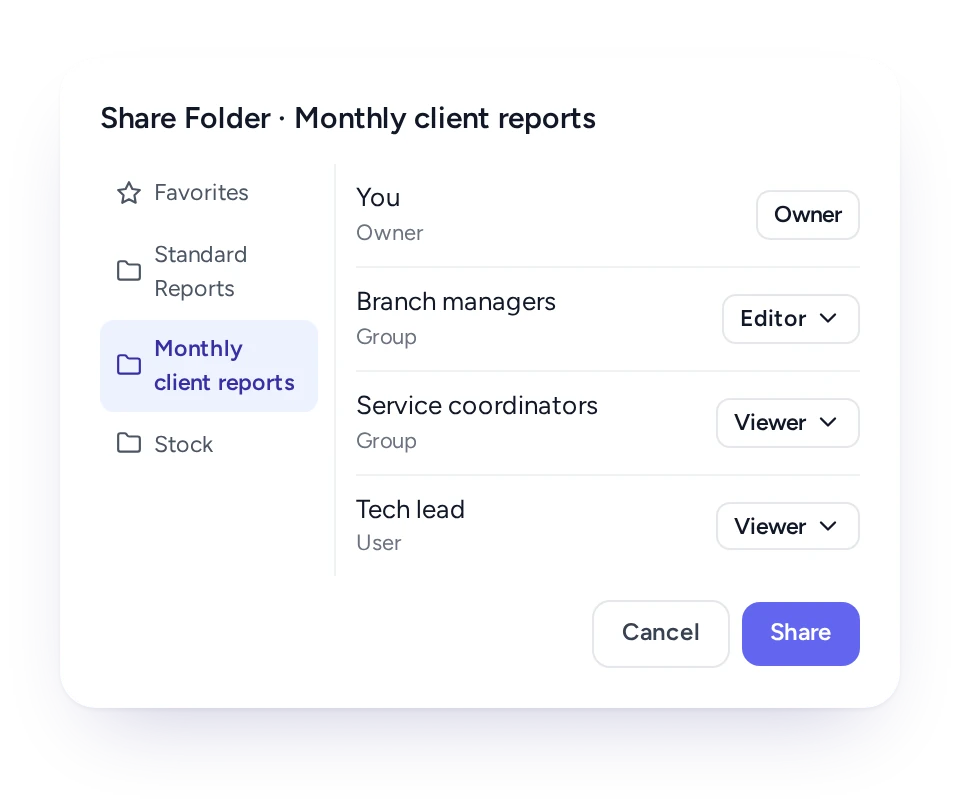 Sharing a report folder with a team in FieldEx