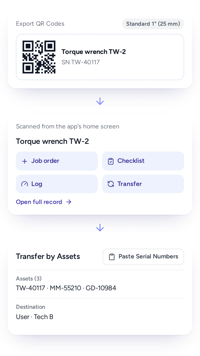Technician scanning a tool label in the FieldEx app