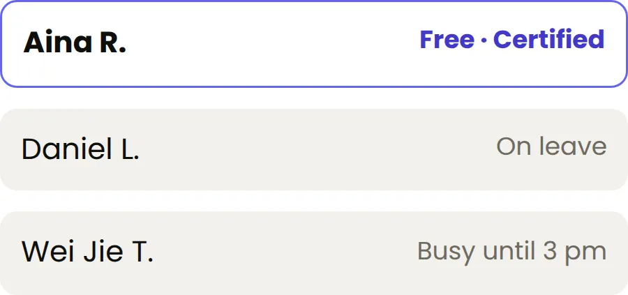 Technician list showing who is free, on leave or busy