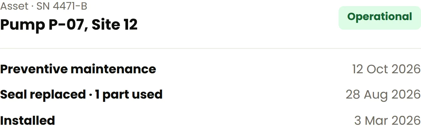 Asset record showing its maintenance and repair history