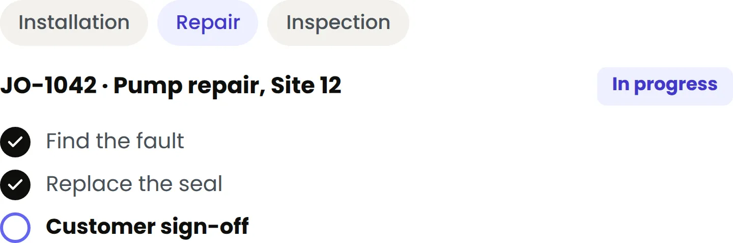 Repair job order with three steps, two done