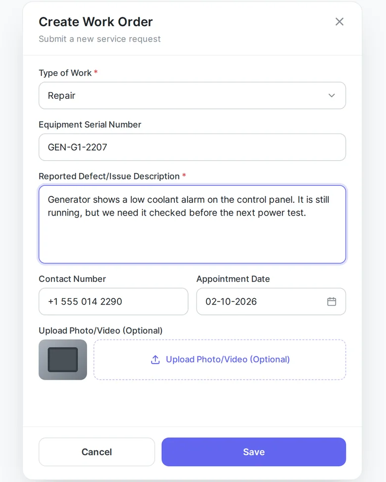 FieldEx customer portal showing a customer’s work orders and a new service request form