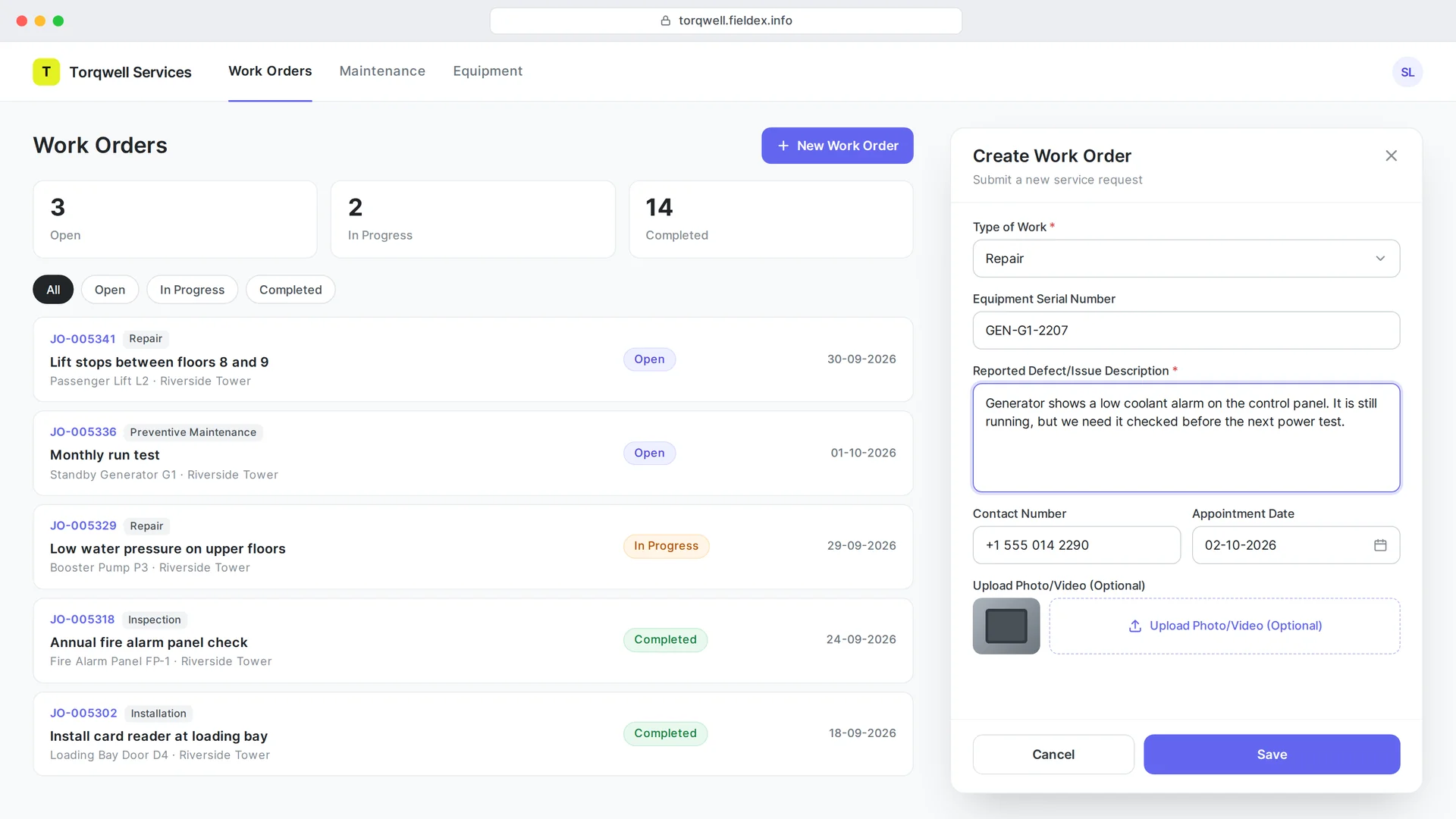 FieldEx customer portal showing a customer’s work orders and a new service request form