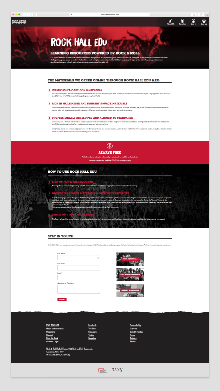 Rock Hall EDU webpage showing learning resources, key benefits, steps to get started, and a contact form.