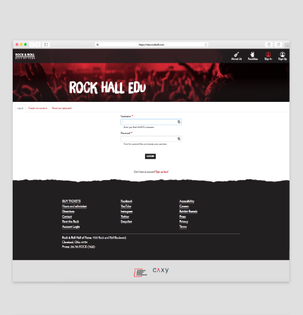 Rock Hall EDU login page displayed on a desktop browser, with username and password fields and site navigation.