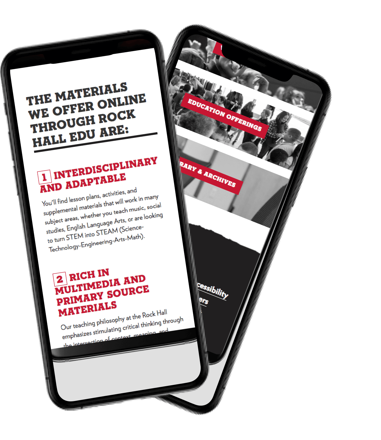 Two smartphone mockups displaying an educational website, featuring text about online learning materials and sections like education offerings and library archives.