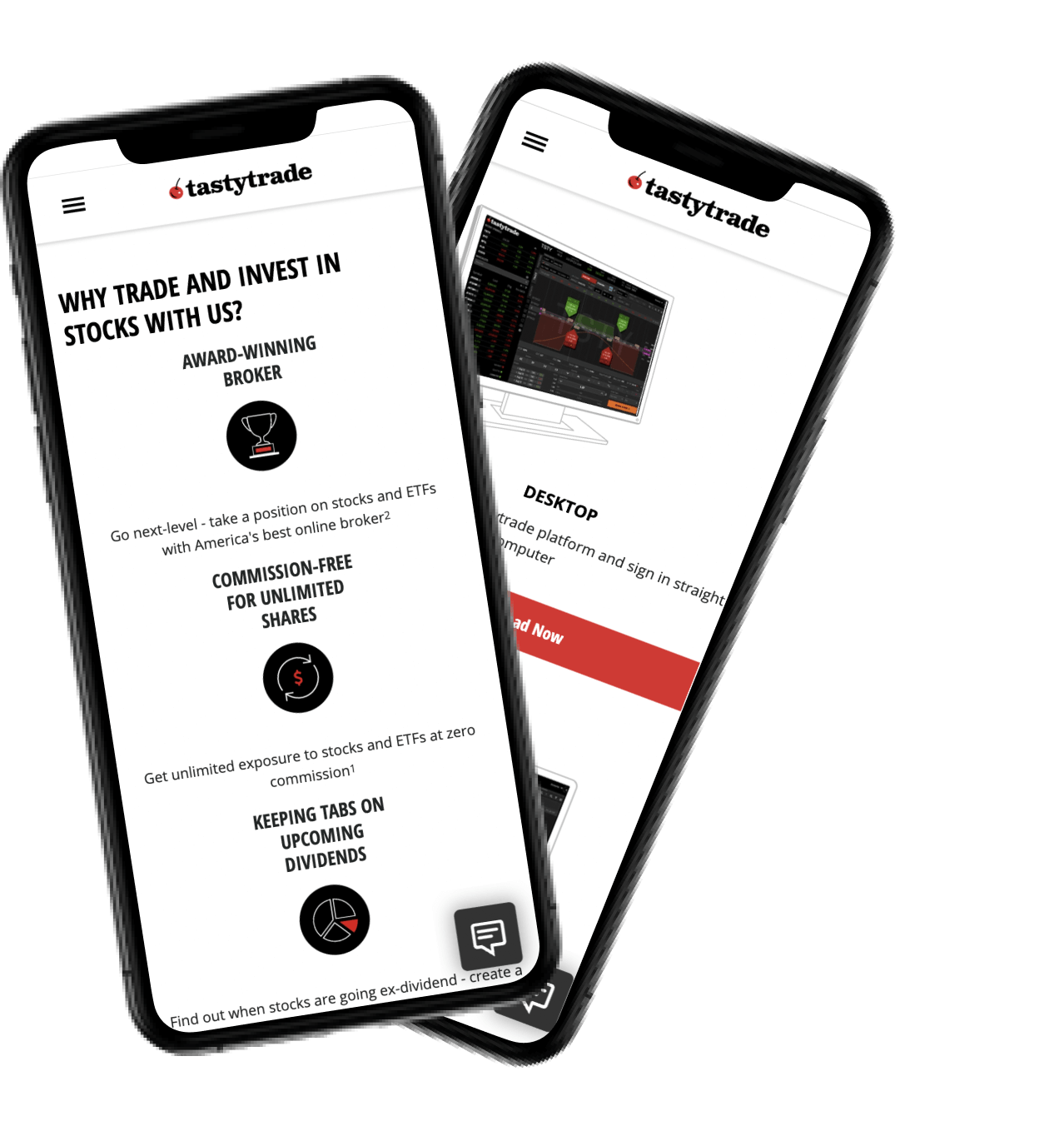 Two smartphone mockups displaying a stock trading app interface, highlighting features like commission-free trading, dividends tracking, and desktop platform access.