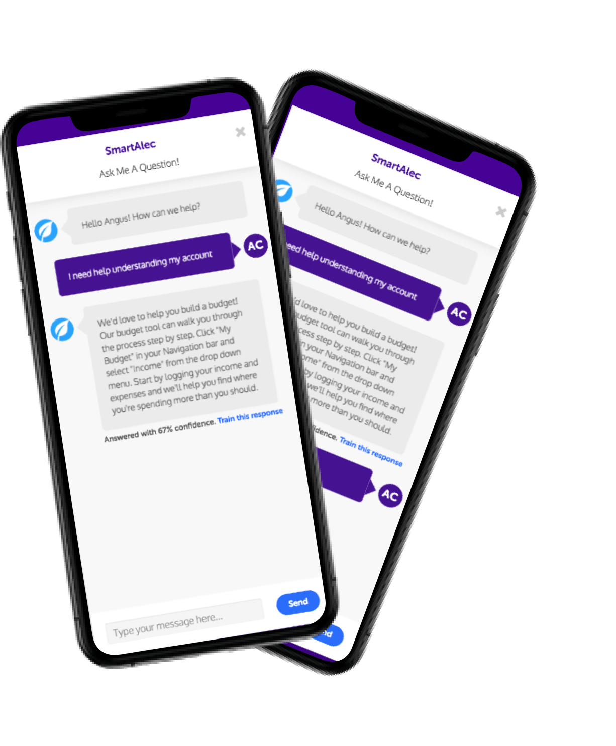 Two smartphone mockups displaying a chatbot interface named SmartAlec, showing a conversation helping a user understand their account.