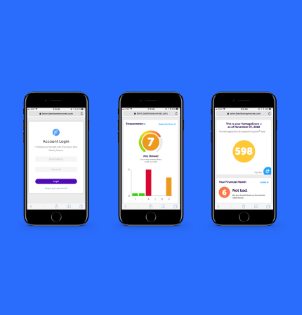 Three smartphone screens showing a financial app with login, score overview, and financial health metrics.