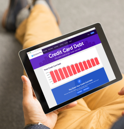 Person holding a tablet displaying a financial app screen with a credit card debt chart and repayment information.