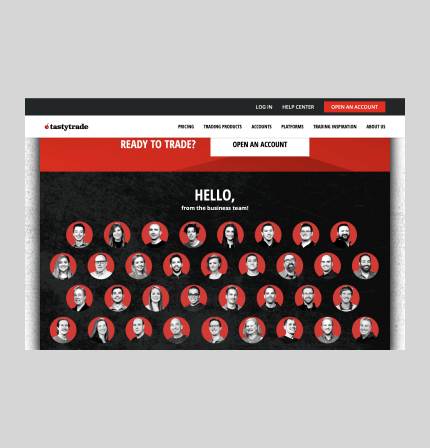 Tastytrade webpage featuring a “Ready to Trade?” call to action and a grid of team member portraits from the business team.