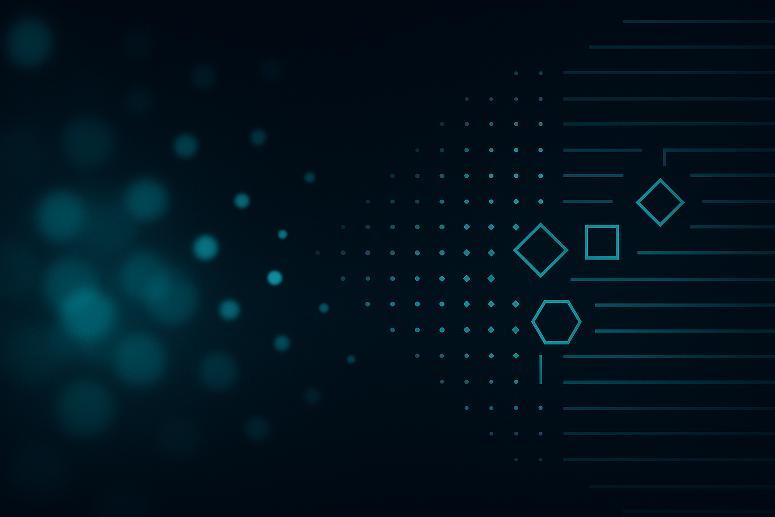 Abstract visualization of vague communication transforming into structured code - dark navy background with cyan geometric patterns