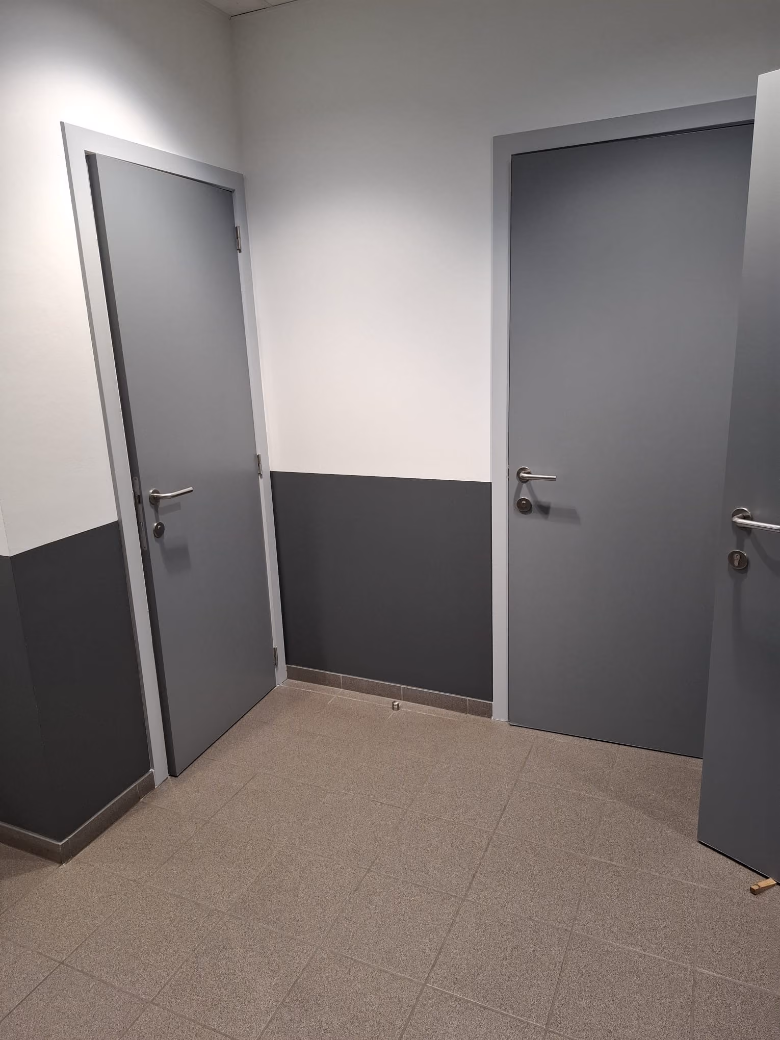 Hal met 3 grijze deuren dat een industriële indruk geeft.