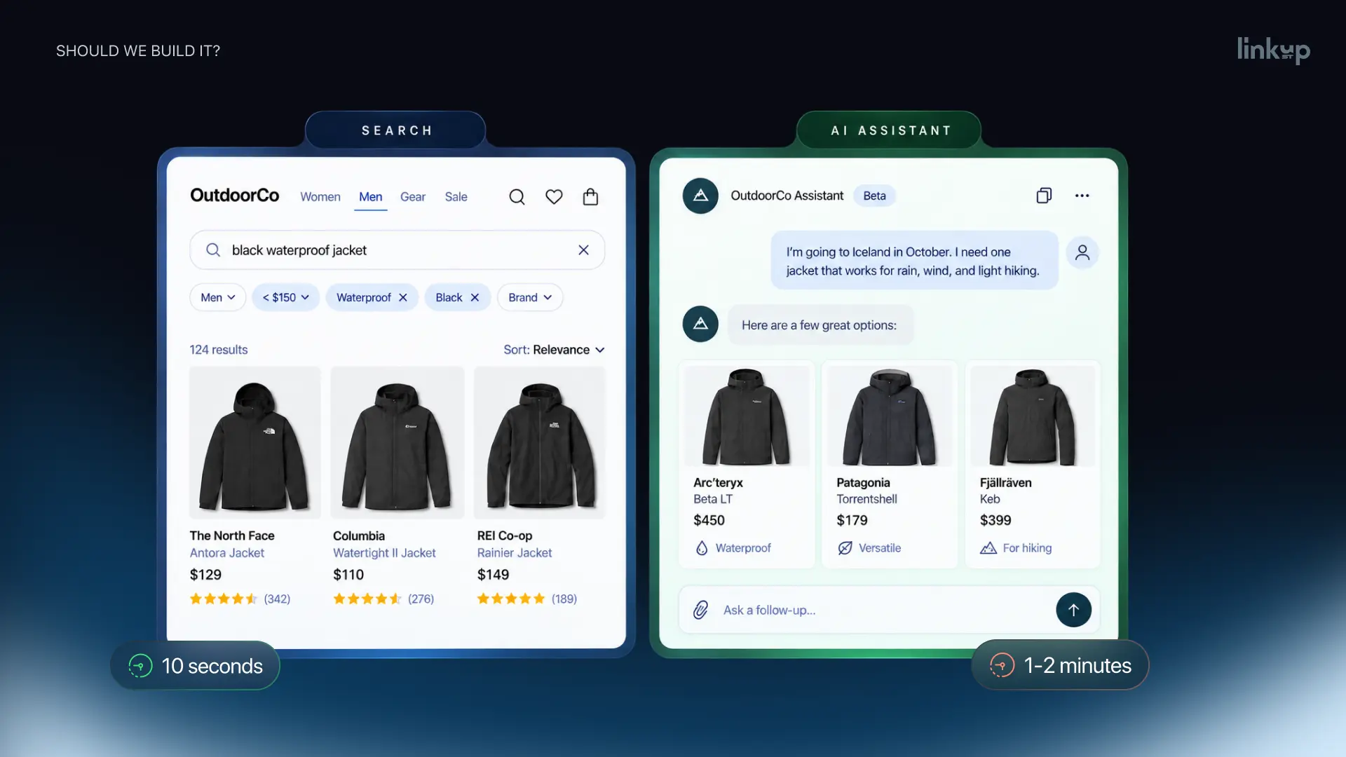 Filter search finds a product in 10 seconds while an AI chat takes 1–2 minutes for the same request