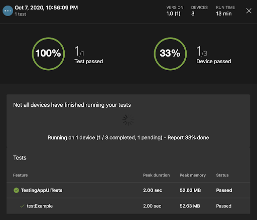 AppCenter running the tests