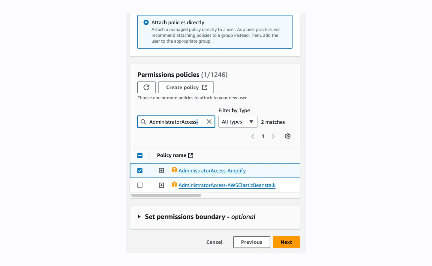 Admin access selection