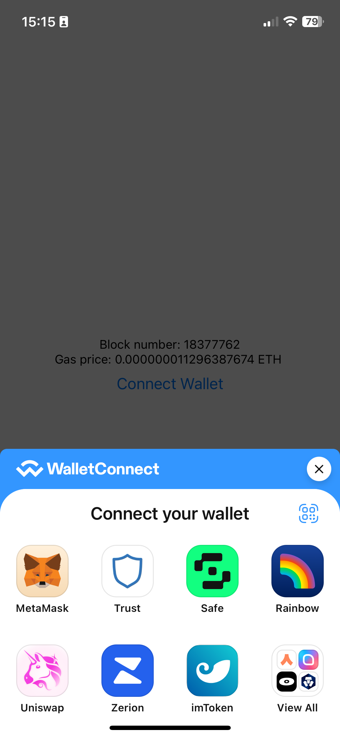 WalletConnectModal opened to select a wallet