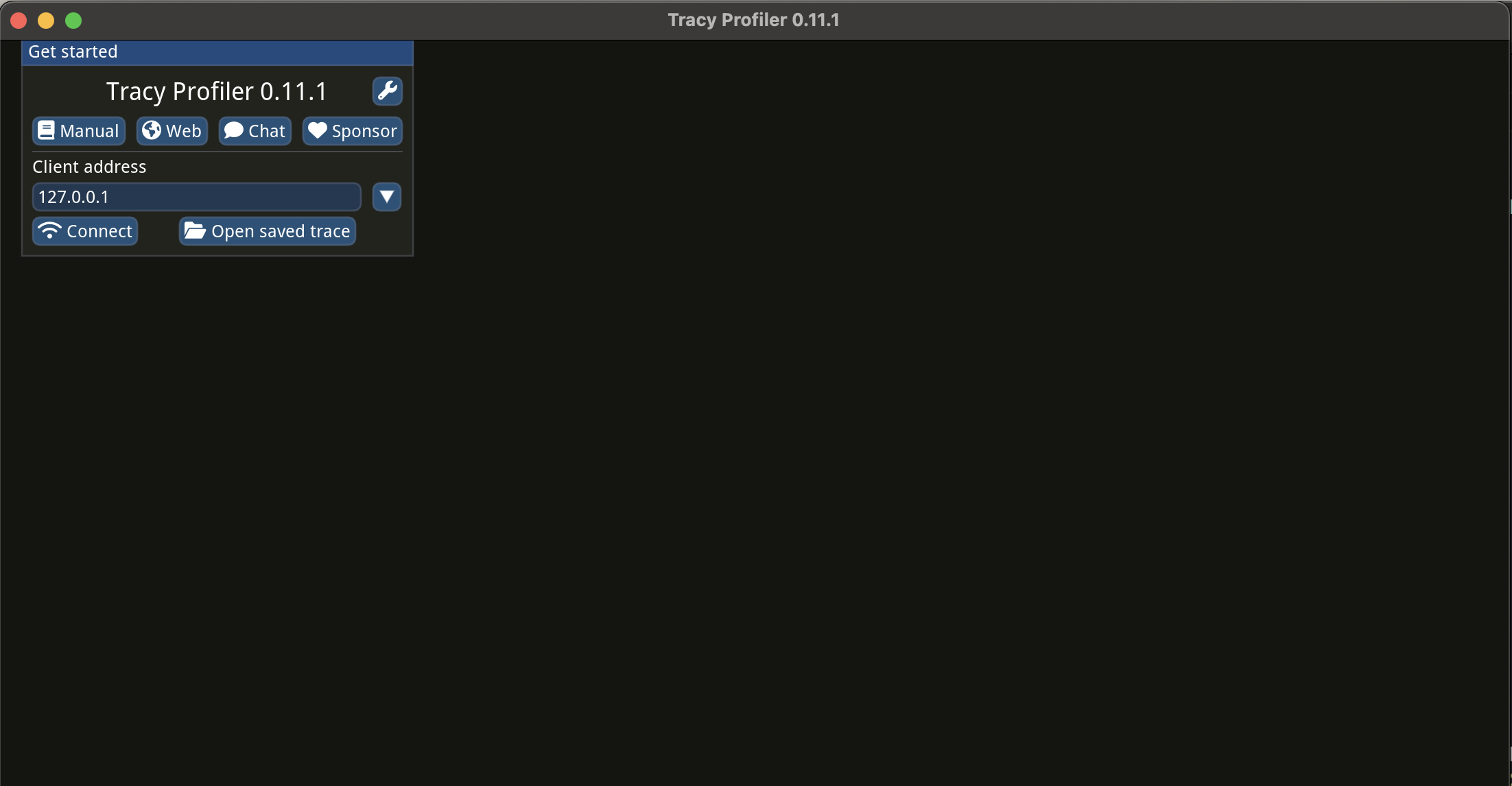 Screenshot of Tracy’s welcome screen. The “Client’s IP address” field is set to local host’s address.