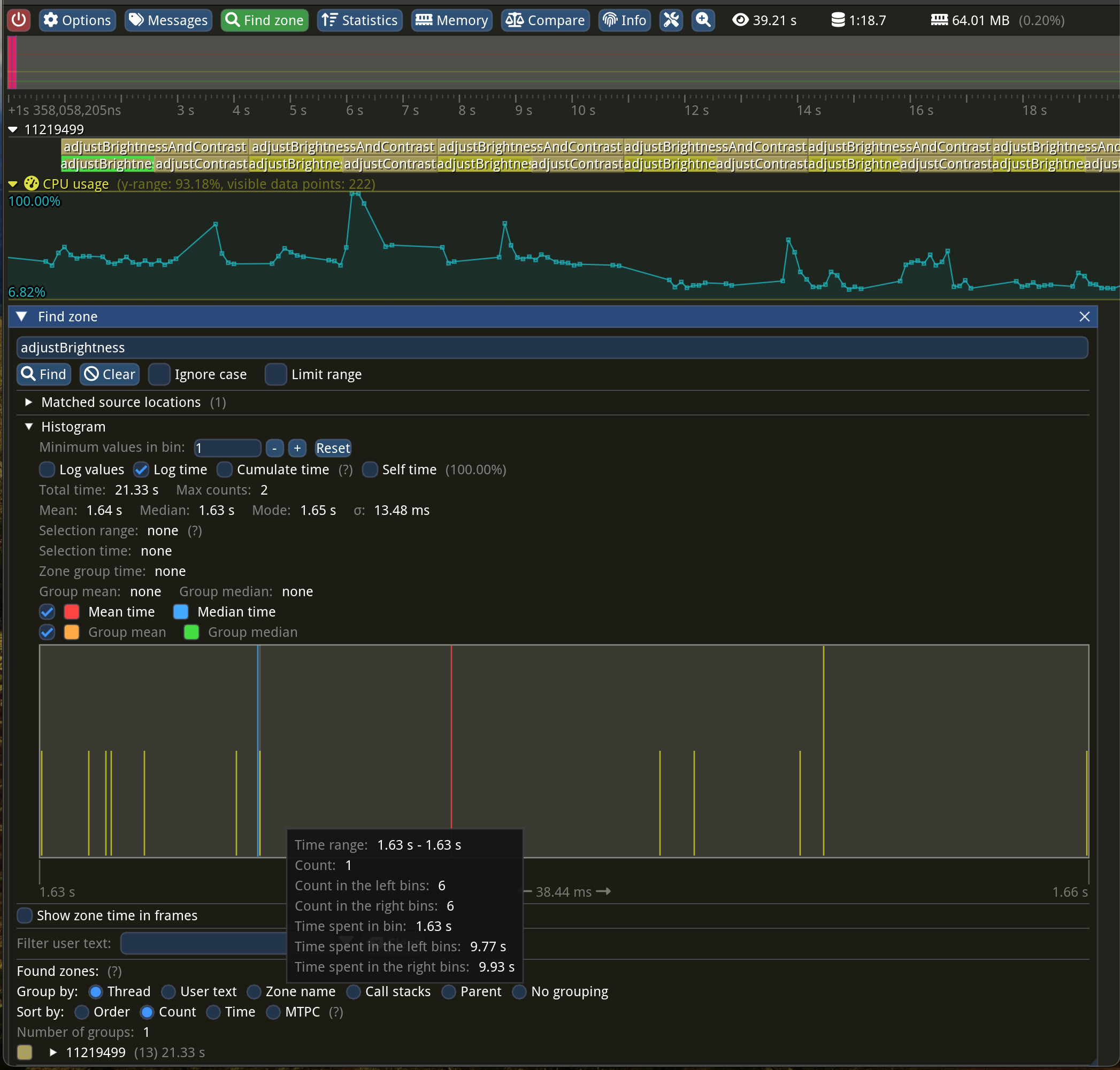 Screenshot of Tracy profiler, with flame graph at the top and the “Find zone” window with all the statistics for “adjustBrightness” zone at the bottom. It shows that the mean execution time was 1.64 seconds.