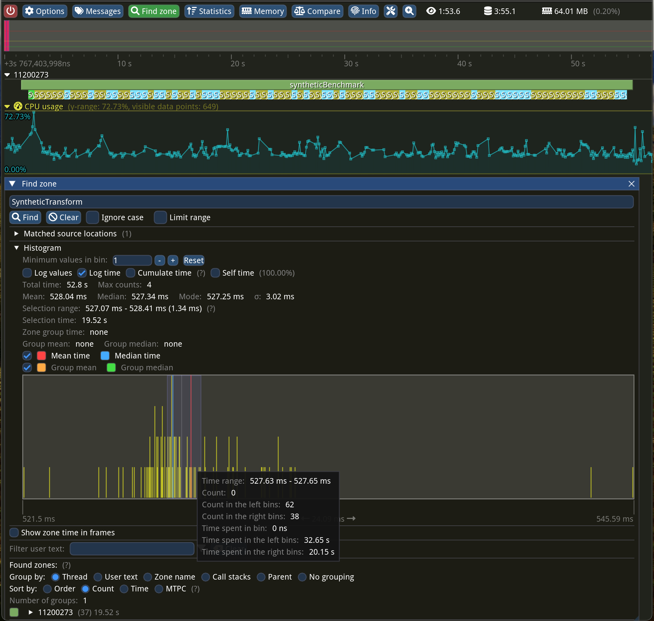 Screenshot of Tracy profiler, with flame graph at the top and the “Find zone” window with all the statistics for “SyntheticTransform” zone at the bottom. It shows that the mean execution time was 528 milliseconds.