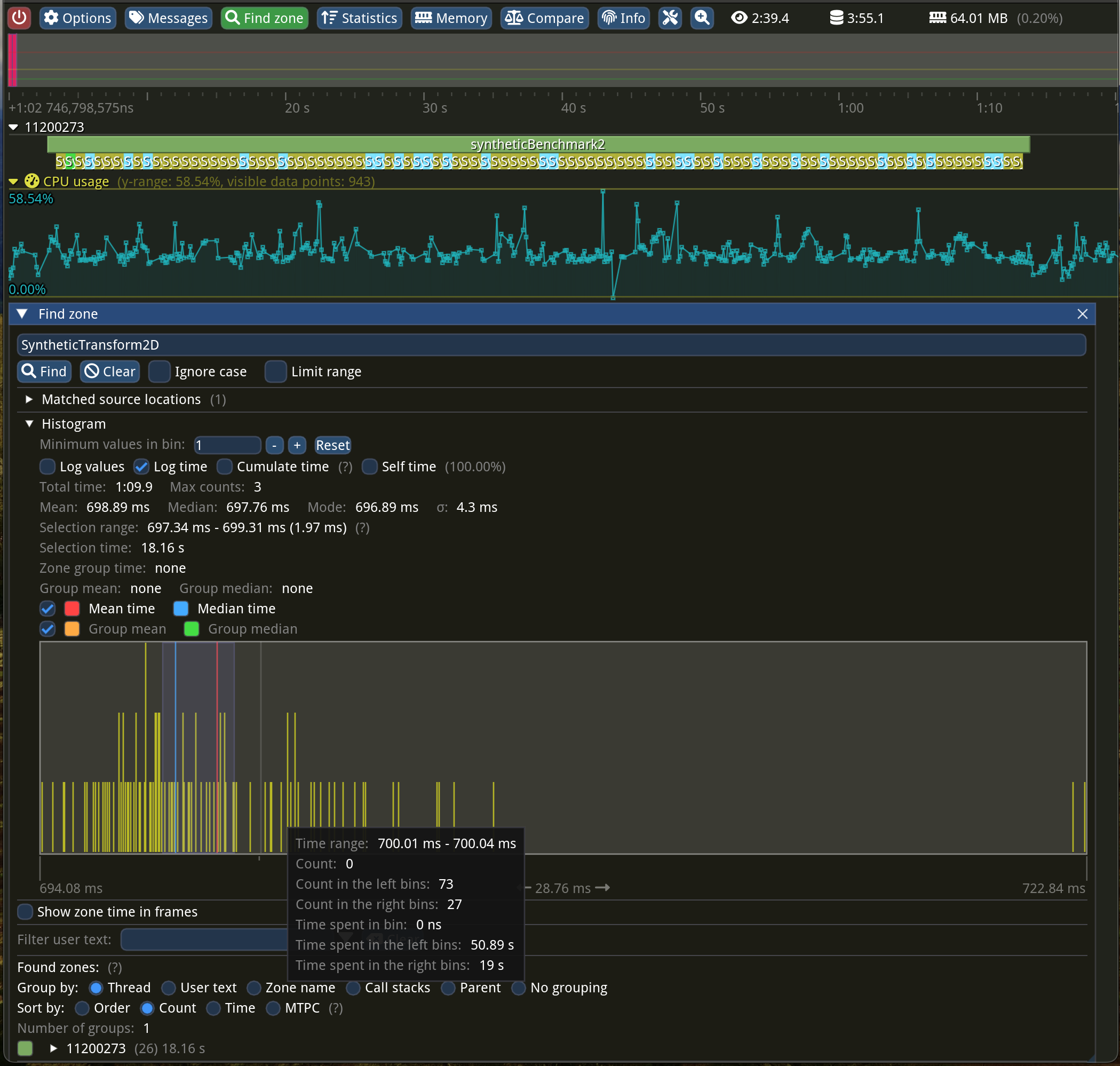 Screenshot of Tracy profiler, with flame graph at the top and the “Find zone” window with all the statistics for “SyntheticTransform2D” zone at the bottom. It shows that the mean execution time was 699 milliseconds.