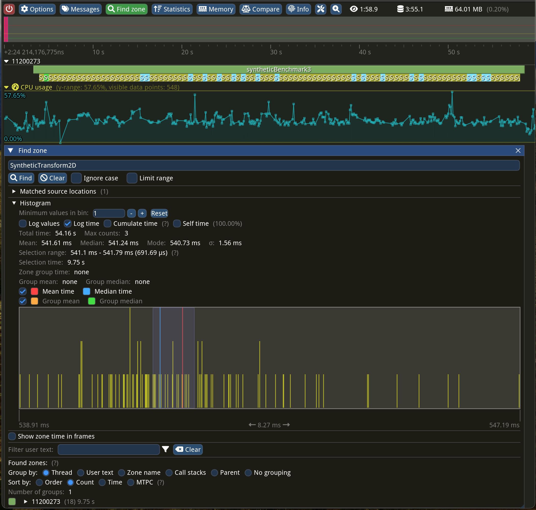 Screenshot of Tracy profiler, with flame graph at the top and the “Find zone” window with all the statistics for “SyntheticTransform2D” zone (from synthetic benchmark 3) at the bottom. It shows that the mean execution time was 542 milliseconds.