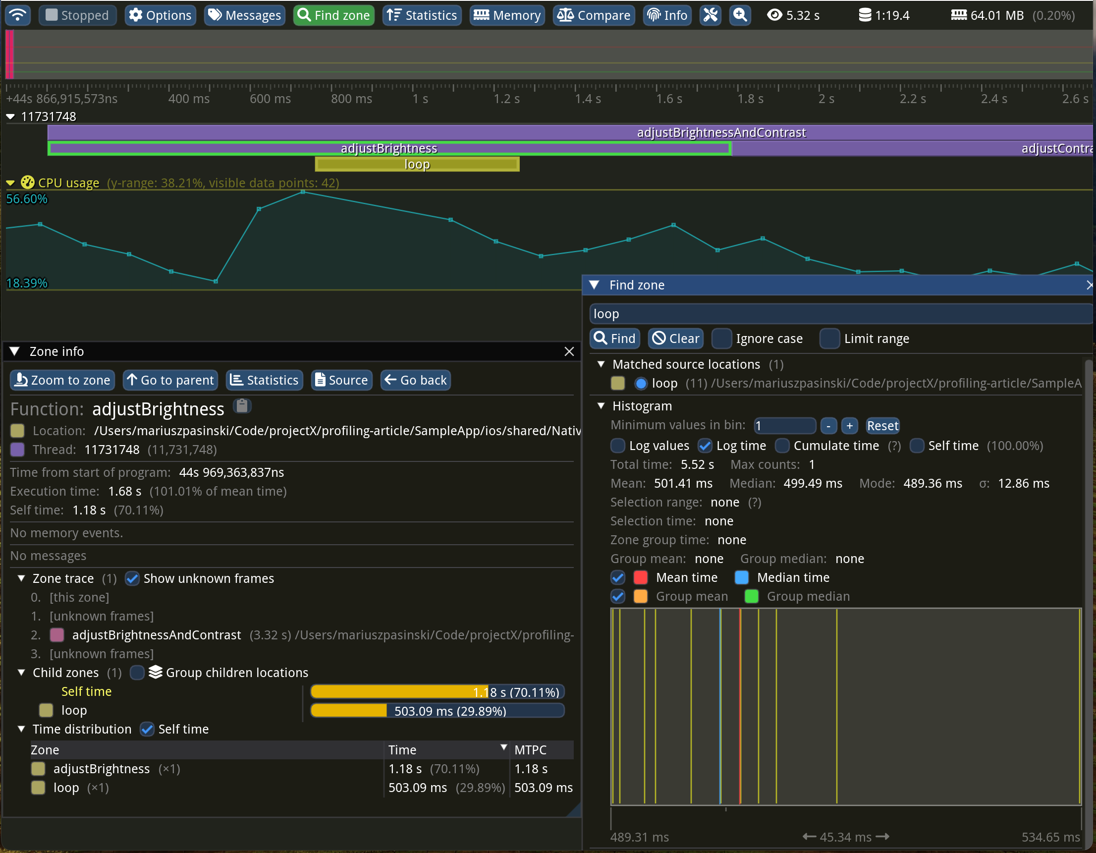 Screenshot of Tracy profiler, showing that the original “adjustBrightness” method spends only 30% of its time executing the loops.