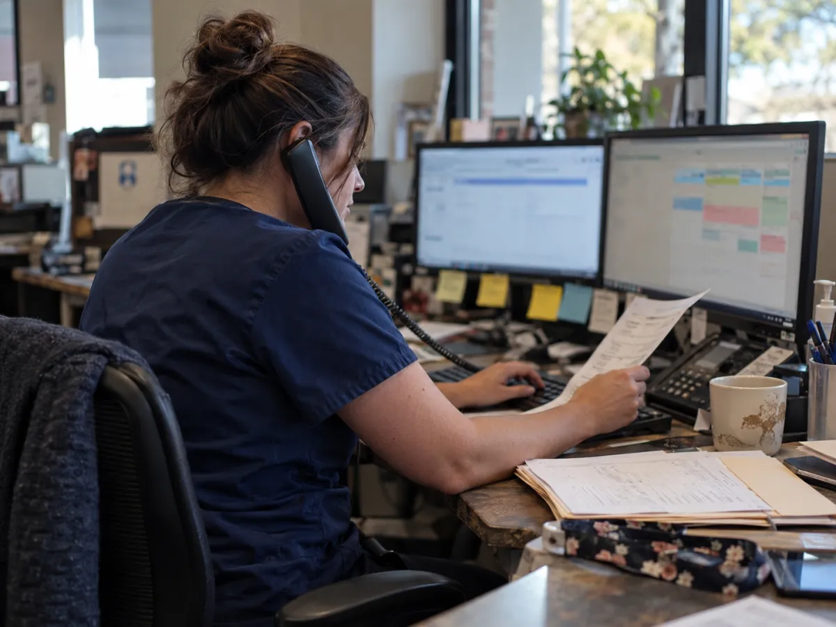 Medical office staff member on hold with a phone on her shoulder, typing and holding a printed form
