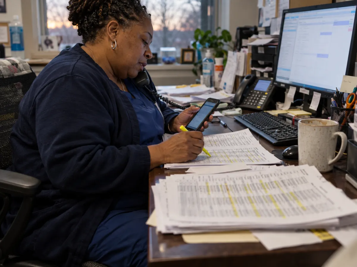 Front office staff member on the desk phone, highlighting a printed patient call list while checking her mobile phone