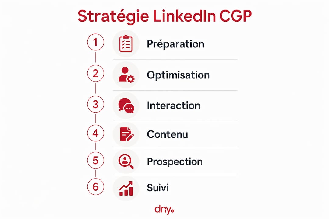 Les grandes étapes de la prospection LinkedIn pour les conseillers en gestion de patrimoine, présentées en infographie