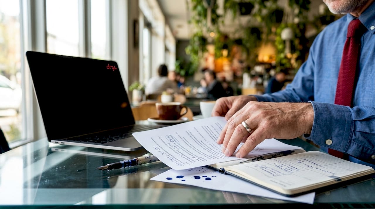 Zoom sur des mains en train de trier des notes pour préparer des publications LinkedIn.