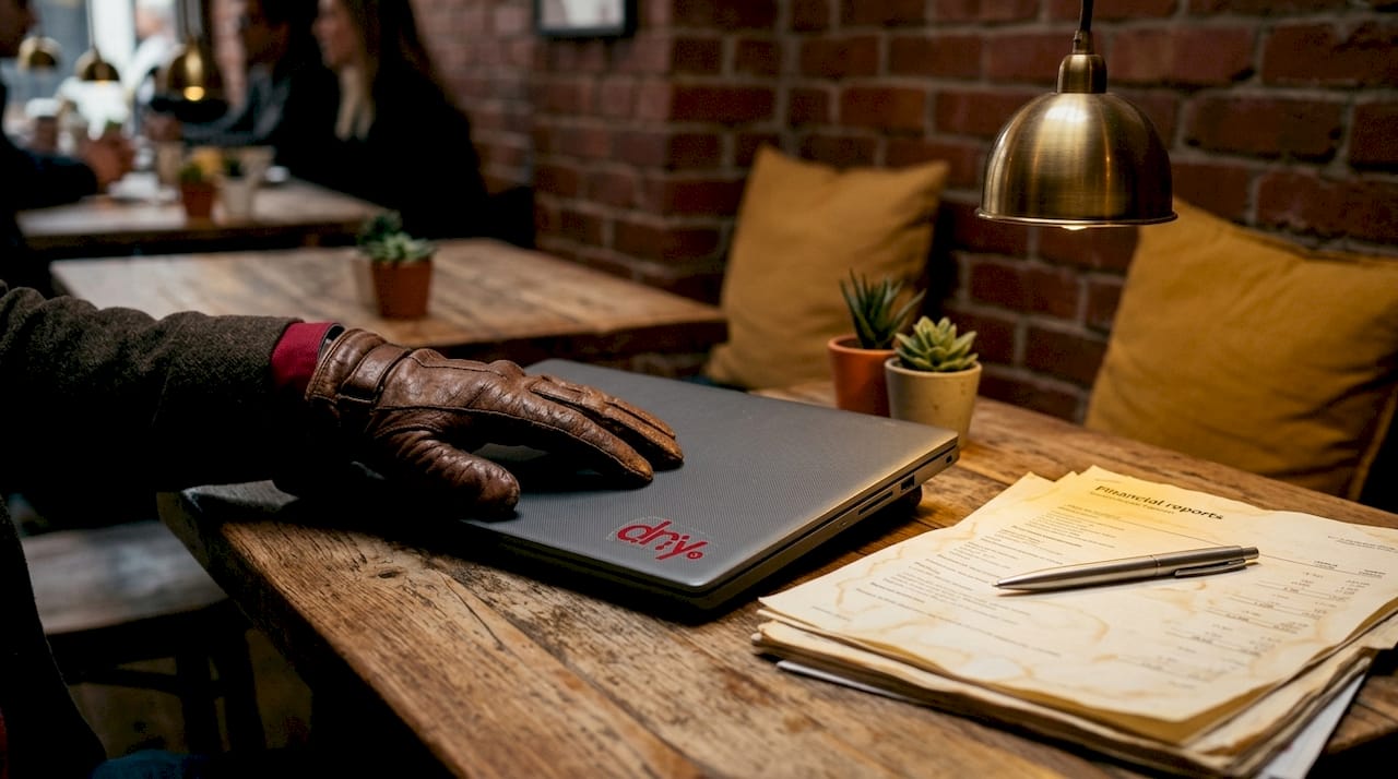 Une main posée sur le clavier d’un ordinateur, dans une ambiance de bureau rétro et chaleureuse.