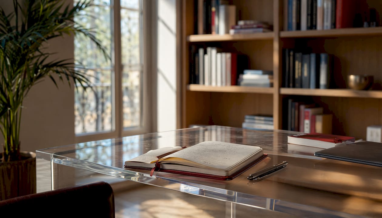 Un bureau au charme rétro, où l’on retrouve des accessoires numériques soigneusement disposés à la vue.