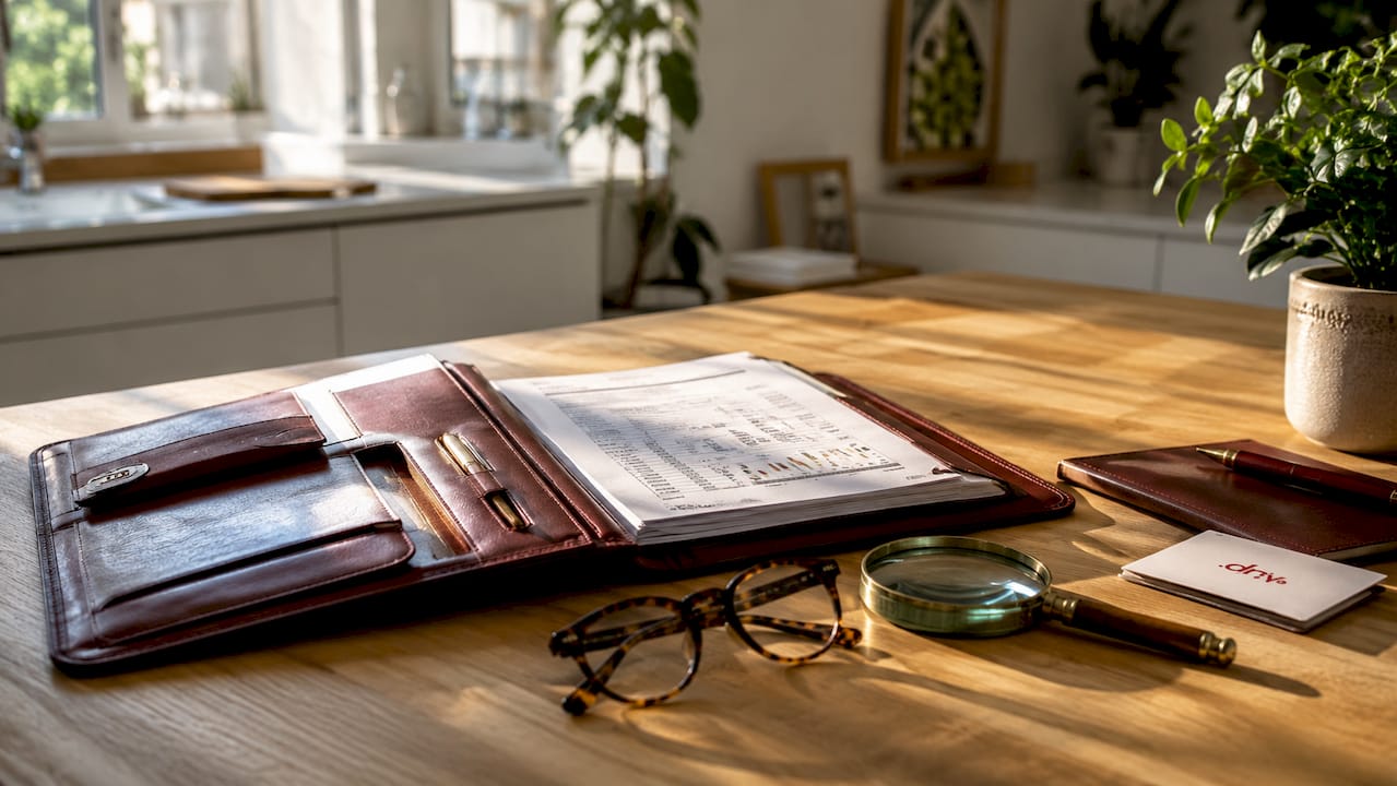 Une chemise en cuir entrouverte et une paire de lunettes reposent sur une table en acajou, éclairées par la lumière douce d’une lampe.